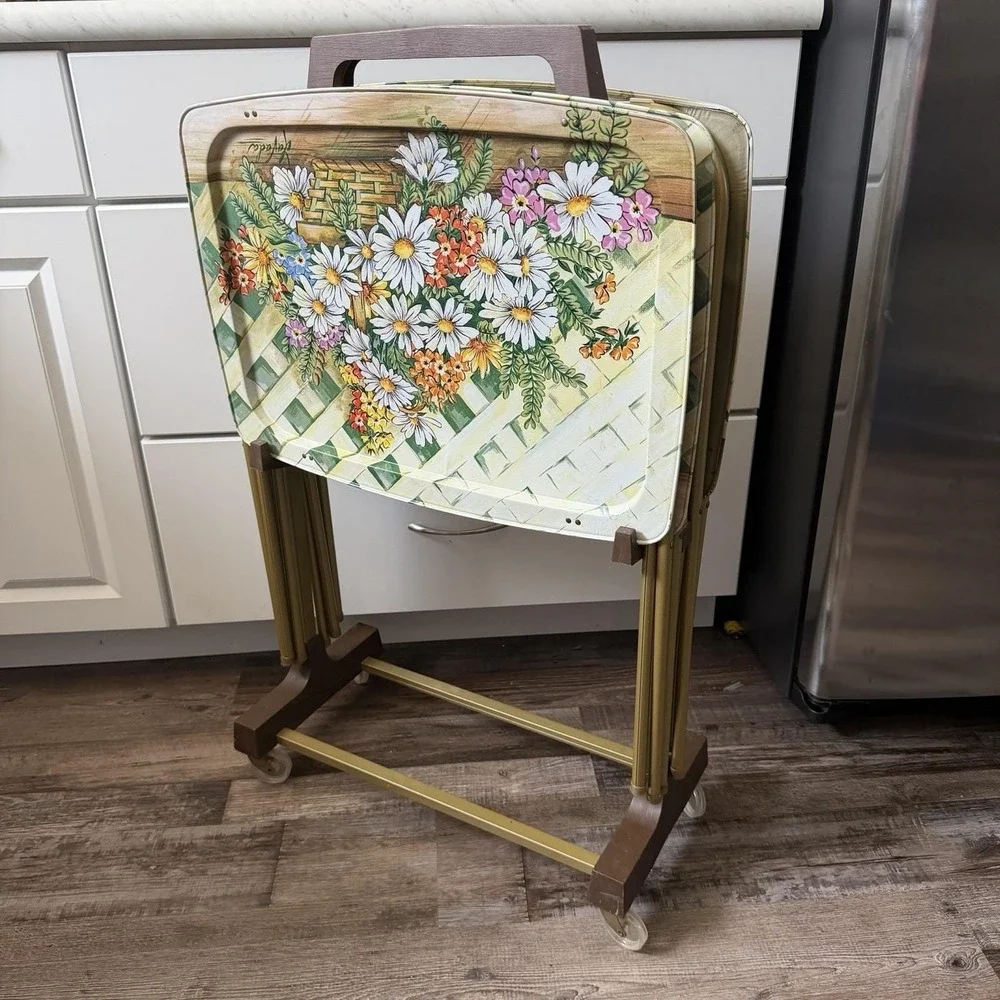 Mcm Metal Floral Tv Tray Set Of 4 With Rolling Cart Stand Cottagecore Garden VTG